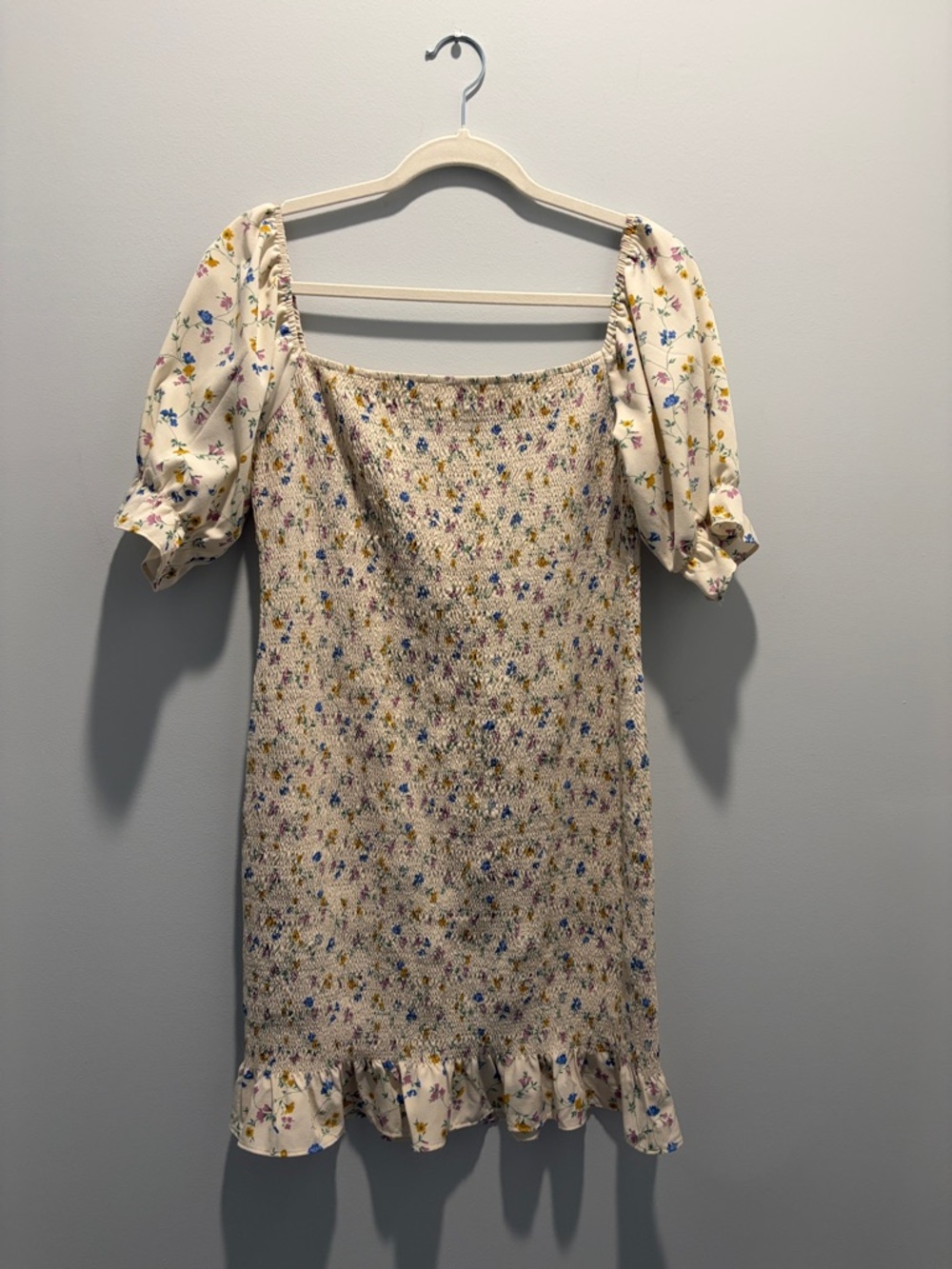 Boutique Floral Smocked Puff Sleeve Mini Dress - Cream